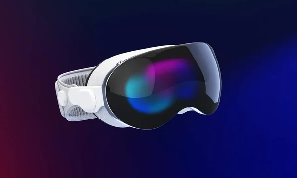 Valencia, İspanya - Haziran 2023: Apple Vision Pro karışık gerçeklik aygıtı 3 boyutlu olarak arka planda yüzüyor. Dijital içeriği fiziksel alanınızla harmanlayan mekansal hesaplama çağı