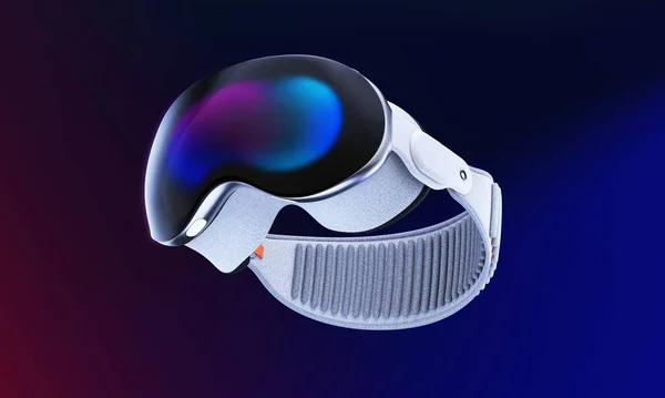 Valencia, İspanya - Haziran 2023: Apple Vision Pro karışık gerçeklik aygıtı 3 boyutlu olarak arka planda yüzüyor. Dijital içeriği fiziksel alanınızla harmanlayan mekansal hesaplama çağı