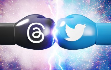 Valencia, İspanya - Temmuz, 2023: İplikler VS Twitter uygulama simgelerini üç boyutlu resimde yüz yüze gösteriyor. Tartışmalar, Instagram ve Meta tarafından Twitter 'ın rakibi olarak kullanılan yeni bir sosyal medya uygulaması.