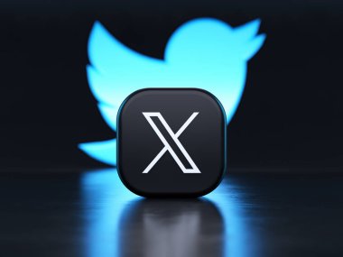 Valencia, İspanya - Temmuz 2023: X uygulama logosu Twitter mavi kuş sembolü arkaplanının önünde 3D görüntüleme ile. X, Elon Musk 'a ait Twitter sosyal ağının yeni adı ve logosu.