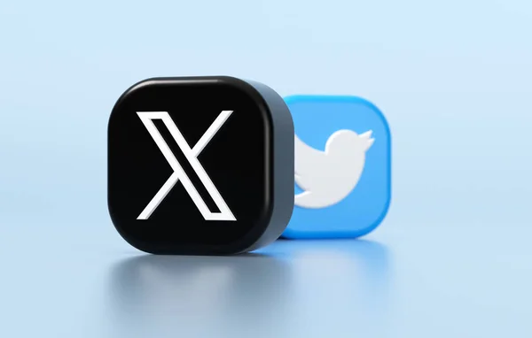 バレンシア スペイン 2023年7月 XとTwitterのアプリは 3Dレンダリングで青色の背景にロゴを表示します XはElon Muskが所有するソーシャルネットワークTwitterの新しい名前とロゴです ロイヤリティフリーのストック画像