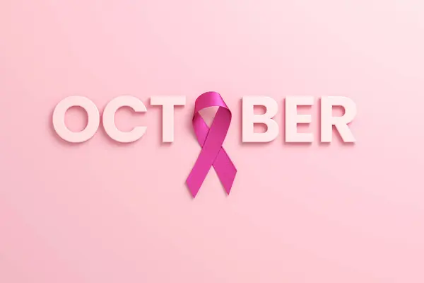 Pink ribbon and the word October on a pink background for the Breast Cancer Awareness Month and World Cancer Day. Flyer design template in 3D illustration