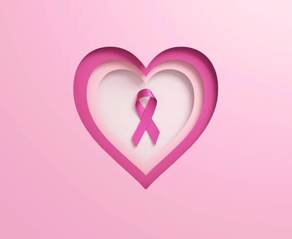 Pink Breast Cancer ribbon inside paper cut hearts for Awareness Month and World Cancer Day in october. Banner design template in 3D illustration