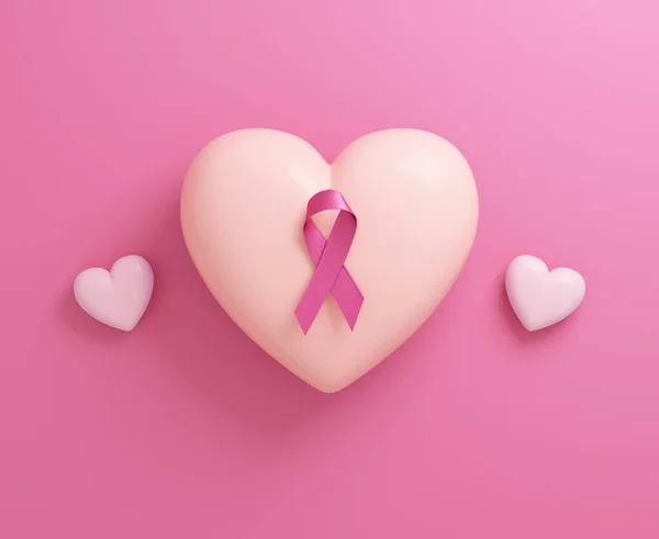 Pink ribbon on a heart in flat lay for the Breast Cancer Awareness Month and World Cancer Day flyer design in 3D illustration