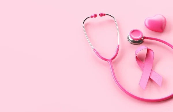 Close View Pink Ribbon Heart Stethoscope Pink Background Copy Space — Stock Photo, Image