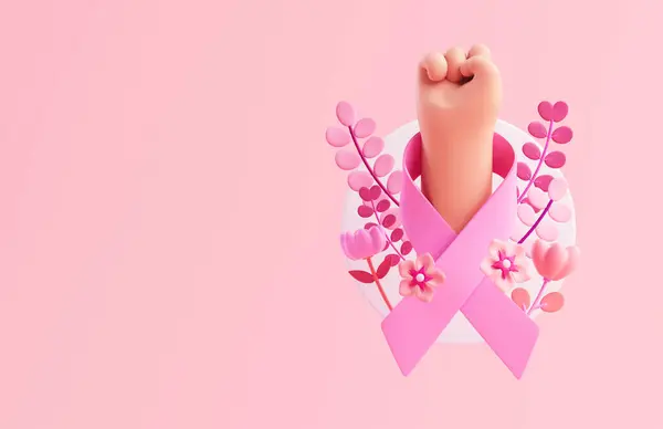 Woman Fist Pink Ribbon Flowers Breast Cancer Awareness Month Fight — Stock Photo, Image