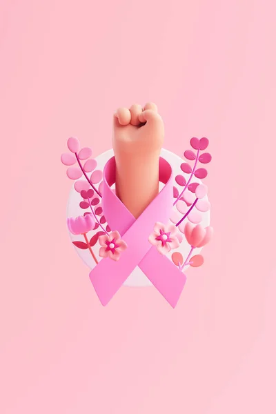 Woman fist with a pink ribbon and flowers for Breast Cancer Awareness Month and the fight against cancer. World Cancer Day vertical social media post with copy space in 3D illustration