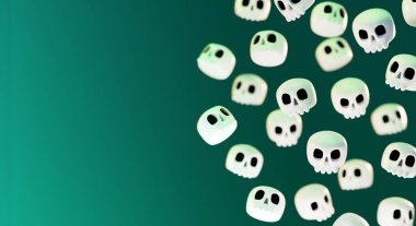 Yüzen kafatasları ve üç boyutlu illüstrasyonda kopya alanı ile Mutlu Cadılar Bayramı el ilanları arka plan şablonu