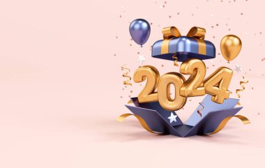 2024 Yeni Yıl Kutlama Kartı şablonunuz kutlu olsun. Hediyenin içinde altın numaralar, balonlar ve 3D resimli şenlik eşyalar var.