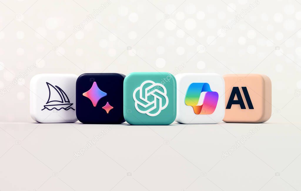 Valencia, Spain - January, 2024: The mainstream artificial intelligences and AI generative apps, Midjourney, Google Bard, OpenAI ChatGPT, Microsoft Copilot and Claude AI. Icon logos in 3D render