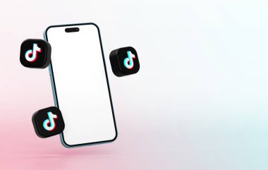 Valencia, İspanya - Mart 2024: Sosyal medya pazarlama şablonu için cep telefonu modeli olan TikTok yüzen uygulama simgeleri. Tik Tok kısa videolar ve dereler için bir sosyal ağdır.