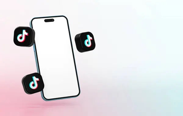 Valencia, İspanya - Mart 2024: Sosyal medya pazarlama şablonu için cep telefonu modeli olan TikTok yüzen uygulama simgeleri. Tik Tok kısa videolar ve dereler için bir sosyal ağdır.