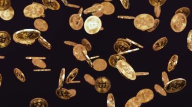 Bir sürü altın bitcoin madeni para yağmuru gerçekçi yavaş çekimde arka plandan düşerken 3 boyutlu animasyon. Kripto para birimi, 2p2 takas ve engelleme zinciri konsepti