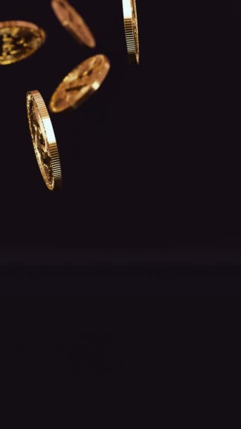 현실적인 슬로우 애니메이션의 어두운 배경에서 위에서 지상에 떨어지는 동전의 무리의 — 비디오