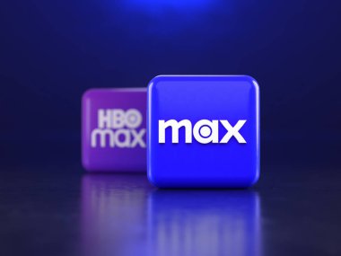 Valencia, İspanya - Nisan 2024: Yeni Max uygulama logosu HBO Max simgesi önünde 3 boyutlu resimleme. Max, HBO Max ve Discovery arasındaki birleşmenin ürünü.+