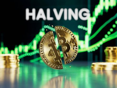 Altın Bitcoin madeni para, her dört yılda bir meydana gelen ve madencilerin ödüllerini ikiye bölen BTC şamdan fiyat tablosu, Yarılama konsepti,