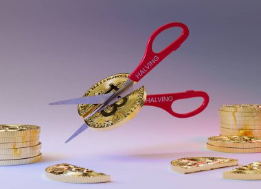 Tarafsız bir arkaplanda bir Bitcoin madeni parası, her dört yılda bir meydana gelen ve madencilerin ödüllerini ikiye bölen Yarısı konsepti, makasla ikiye bölünüyor.