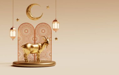 Kurban Bayramı Mübarek bayrak tasarımı. İslam temalı altın keçi, ay, süs eşyası ve Müslüman festivali kutlamaları için 3D illüstrasyon alanı