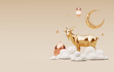 Kurban Bayramı Mübarek tebrik broşürü tasarımı. İslam temalı altın keçi, ay, süs eşyası ve Müslüman festivali kutlamaları için 3D illüstrasyon alanı