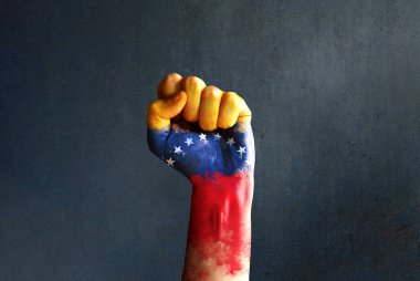 Venezuela bayrağıyla boyanmış bir yumruk gücü, birliği ve özgürlük ve demokrasi savaşını simgeler.