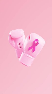 Pink boxing gloves with a breast cancer awareness ribbon on a pink background and copy space for social media post or stories. Pink October for the fight against breast cancer 3D illustration clipart