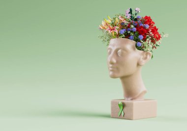 Dünya Akıl Sağlığı Günü afiş şablonu renkli çiçeklerle dolu bir kadın heykel kafası ve yeşil bir kurdele, zihinsel sağlık farkındalığı, 3D resimde farkındalık konsepti