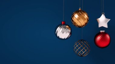 Koyu mavi bir arkaplanda asılı ağaç topları ve metin uzayı gibi neşeli Noel süslerinin video döngüsü, üç boyutlu animasyon ortamında tatil atmosferi yaratıyor.