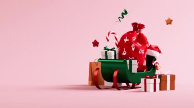 Noel Baba kızağıyla Noel döngüsü videosu, hediyeler ve pastel kırmızı arka planda üç boyutlu animasyon alanı olan şenlikli şeyler.