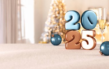 Altın sayılar, şampanya, süsler ve bulanık Noel ışıklarıyla dolu 2025 yılı şenlikli sahnesi gerçekçi ve zarif bir arka plan.