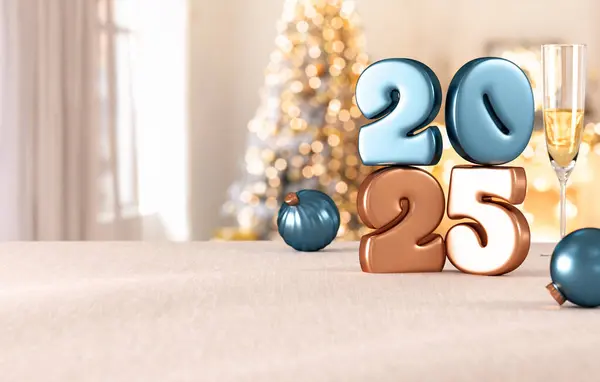 Altın sayılar, şampanya, süsler ve bulanık Noel ışıklarıyla dolu 2025 yılı şenlikli sahnesi gerçekçi ve zarif bir arka plan.