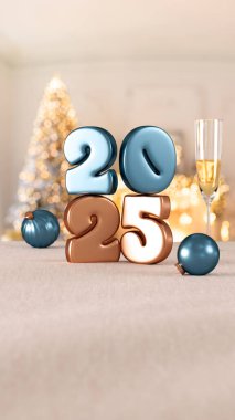 Altın sayılar, şampanya, süsler ve bulanık Noel ışıklarıyla dolu 2025 yılı şenlikli sahnesi gerçekçi ve zarif bir arka plan.