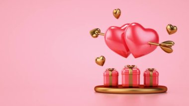 Sevgililer Günü reklam videosu ya da bir okla delinmiş iki kalp ve pembe arka planda hediyeler ve 3 boyutlu animasyonda kopyalama alanı. Aşk kutlaması konsepti