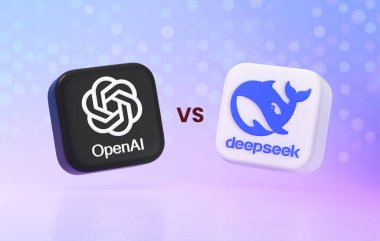 Valencia, İspanya - Ocak 2025: OpenAI ChatGPT DeepSeek 'e karşı, iki güçlü yapay zeka teknolojisi ve sohbet robotu. Rekabet ve rekabet, logolar yüz yüze