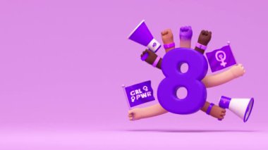 8 numaralı Kadın Günü videosu ve aktivist kadın elleri, megafonlar ve bayraklar üç boyutlu animasyon ve kopyalama alanında. Kadın hakları için feminizm, bağımsızlık, güçlendirme ve aktivizm için 8 Mart