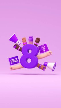 International Womens Day social media post with number 8 and activist womens hands, megaphones and flags in 3d animation. March 8 for feminism, empowerment, activism for women rights clipart