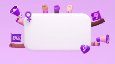 International Womens Day message background template with text box and activist women's hands in 3d illustration. March 8 for feminism, independence, empowerment, activism for women rights clipart