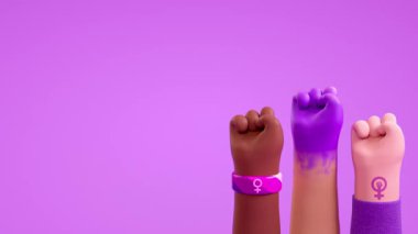 3 boyutlu animasyonda kadınların güçlendirilmesini, feminizmi ve cinsiyet eşitliğini sembolize eden mor arka planda üç farklı yumruklu Kadın Günü döngüsü videosu