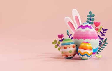 Süslü yumurtalarla dolu afiş şablonu, neşeli tavşan kulakları ve pastel renklerle fotokopi alanı için mutlu Paskalya sahneleri. Renkli modern çizgi film stili ve 3D illüstrasyon