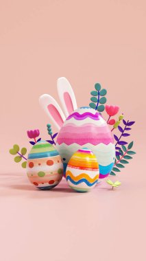 Süslü yumurtalarla, şakacı tavşan kulaklarıyla ve pastel renklerle fotokopi çekilen sosyal medya için mutlu Paskalya sahneleri. Renkli modern çizgi film stili ve 3D illüstrasyon