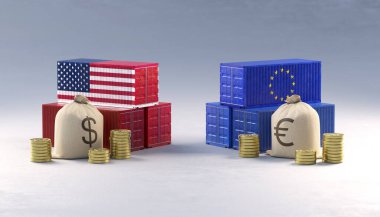 US trade war against EU and international tariffs. Stacked shipping containers with money bags and coins. Global import export costs and economic policies