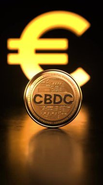 CBDC Merkez Bankası Dijital Para Birimi 'nin üç boyutlu animasyonda avro sembolü önünde dönen altın sikke videosunu döngüye sokuyorum. Bir merkez bankası tarafından elektronik olarak dağıtılan yeni bir para biçimi