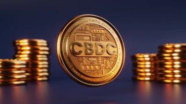 CBDC Merkez Bankası Dijital Para Birimi 'nin dijital para döngüsünün videosu üç boyutlu animasyonda yüzer ve döner. Bir merkez bankası tarafından elektronik olarak dağıtılan yeni bir para biçimi