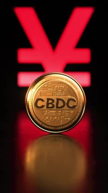 CBDC Merkez Bankası Dijital Para Birimi 'nin üç boyutlu animasyonda Yuan Yen sembolünün önünde dönen videosunu döngüye sokuyorum. Bir merkez bankası tarafından elektronik olarak dağıtılan yeni bir para biçimi
