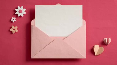 Zarfın içinden kalpler ve kağıt kesiği şeklinde çiçeklerle çevrili boş bir kart çıkar. Aşk mesajları için video arkaplanı, Anneler Günü ya da Sevgililer Günü 'nü 3 boyutlu animasyonla kutlayın