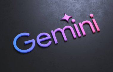 Valencia, İspanya - Mart 2025: Gemini Google ve üretken yapay zeka sohbet robotları tarafından geliştirilen en büyük ve yetenekli yapay zeka modelidir. Logo, üç boyutlu olarak karanlık bir yüzeyde izole edilmiş.