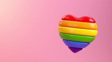 LGBTQIA + Gurur ayı için pembe arka planda yüzen gökkuşağı çizgili mutlu gurur döngüsü videosu, cinsellik özgürlüğü ve aşk çeşitliliği 3 boyutlu animasyon kutlaması