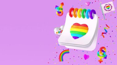 LGBTQIA + Gurur ayı ve 3 boyutlu animasyondaki aşk çeşitliliği kutlamaları için pembe arkaplanda yüzen gökkuşağı kalpli ve sembollü Mutlu Gurur döngüsü videoları