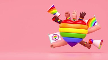 Gökkuşağı kalpli, aktivist elli, megafon ve bayraklı 3D animasyon videosu ve kopyalama uzayı. LGBTQIA + Gurur ayı ve aşk çeşitliliği kutlamaları