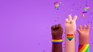 Mor arkaplan üzerinde üç farklı el ve şenlik malzemesi bulunan Mutlu Gurur döngüsü videosu LGBTQIA + Gurur ayı ve 3 boyutlu animasyondaki aşk çeşitliliği kutlamasını sembolize ediyor.