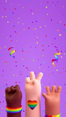 Sosyal medya için LGBTQIA + Gurur ayı ve 3 boyutlu animasyondaki aşk çeşitliliği kutlamalarını sembolize eden mor arka planda üç farklı el ve şenlikli şeylerle Mutlu Gurur döngüsü videosu